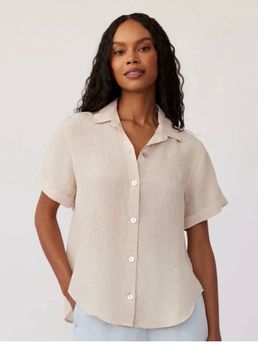 Bella Dahl Womens  Cuffed Short Sleeve Linen shirt M sand blouse shirt